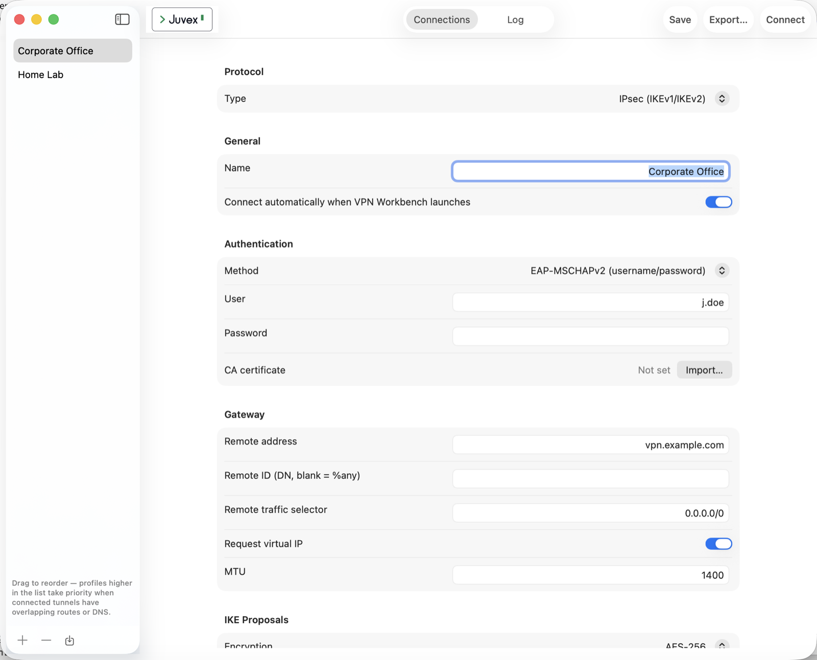 The profile editor's Protocol, General, Authentication and Gateway sections for an IPsec profile